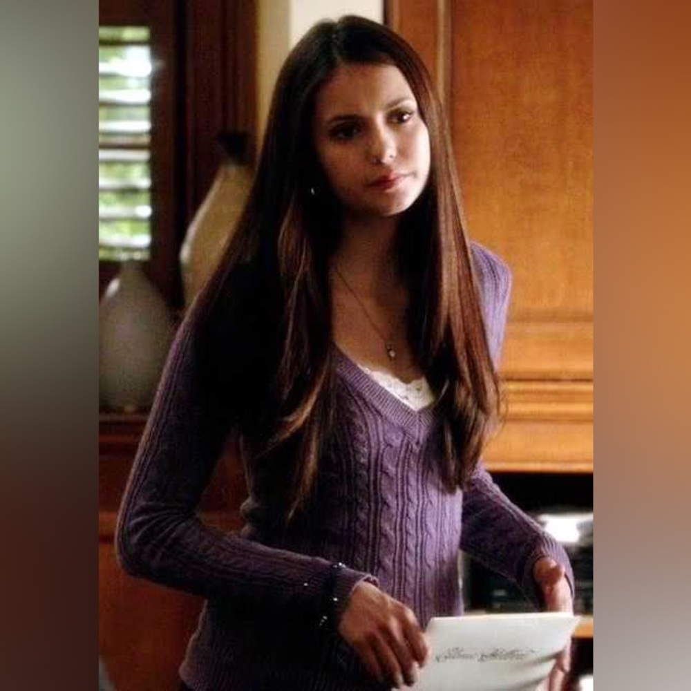 Elena Gilbert Purple Cable Knit V-Neck Sweater